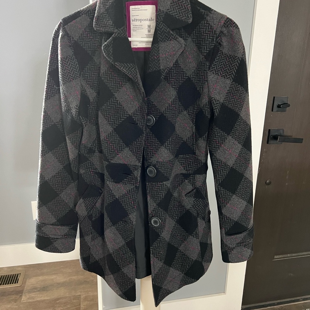Aeropostale Women's Black and Gray Plaid Coat